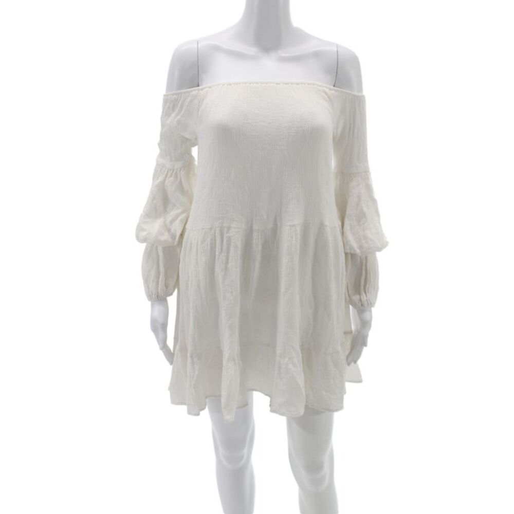 Indikah Women Boho Off Shoulder Mini Dress White Rayon Long Sleeve Size 6